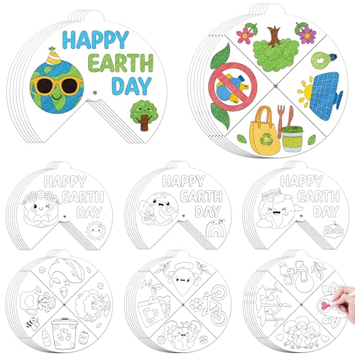 COcnny Earth Day Coloring Craft- 24 Sets Color Your Own Globe Art Craft DIY Wheel Cards for Kids, Happy Earth Day Paper Craft Art for School Home Class Event World Environment Activities - style: Earth Day