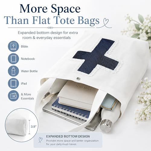 Christian Tote Bag Gift for Women, Canvas Bible Bag Handmade Floral Cross - color: White-navy Polka Dot
