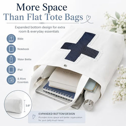 Christian Tote Bag Gift for Women, Canvas Bible Bag Handmade Floral Cross - color: White-navy Polka Dot