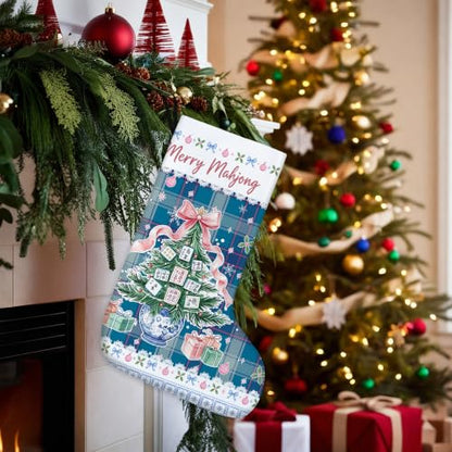 Chinoiserie Blue Plaid Christmas Mahjong Tree Stockings 16 Inch - color: Christmas17