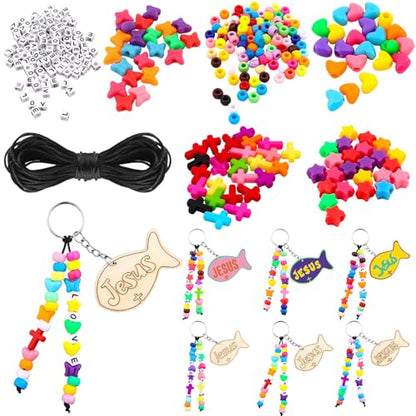 24Sets Christian Keychain Making Craft Kit with Wood Jesus Fish&Letter Beaads&Adjustable Rope,DIY Church Keychain Backpack Religious Keychains Cross Charm for Sunday Church School First Day Gifts