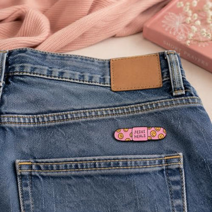 Funny Pink Bandage Pin - Enamel Religious Jesus Pins Brooch for Backpacks, Jackets, Hats with "Jesus Heals". Bible Verse Brooches Gift for Christians and Friends