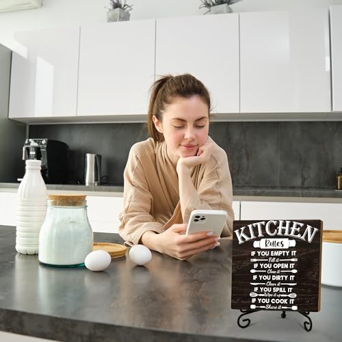 Kitchen Wooden Sign Decor, Kitchen Rules, Rustic Wooden Plaque Sign With Iron Stand, Farmhouse Home Office Restroom Desk Shelf Decorations - style: Kitchen