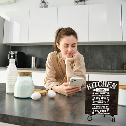 Kitchen Wooden Sign Decor, Kitchen Rules, Rustic Wooden Plaque Sign With Iron Stand, Farmhouse Home Office Restroom Desk Shelf Decorations - style: Kitchen