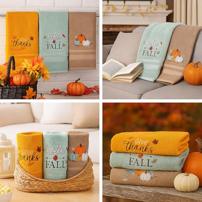 SmoothNovelty 3 Pcs Give Thanks Pumpkin Fall Hand Towels for Bathroom - color: Give Thanks, size: 13.3 x 29.5 inches