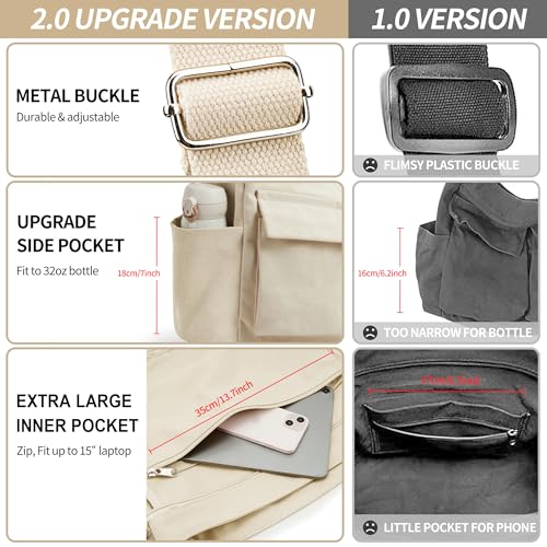 KALIDI Canvas Tote Bag Zipper Large Crossbody Shoulder Bag Messenger Bag - color: Upgraded Beige