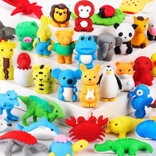 URSKYTOUS 36Pcs Animal Erasers Kids Desk Pets Pencil Erasers 3D Puzzle Bulk Mini Animal Eraser Toys Fun Cute Eraser for Classroom Rewards, Game Prizes, Treasure Box, Easter Egg Fillers - style: 36Pcs
