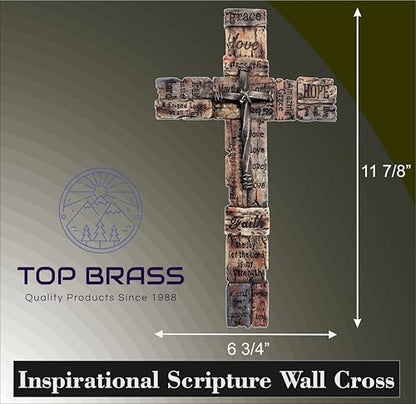Top Brass Inspirational Rustic Wood-Look Wall Cross with Faux Iron Center – Resin Scripture Cross - Religious Sayings Jesus Art Sculpture
