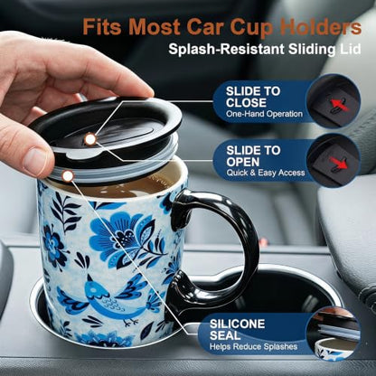Topadorn 17oz Ceramic Travel Mug with Lid, Blue Bird Floral Mug with Handle - color: Flower&Bird