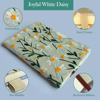 Daisy Gifts, Embroidered Journal, Floral Notebook, A5, 8"x6", Lined, Wide Ruled Paper, Hardcover, Lay Flat, Pretty Journal for Women, Personal Journal, White Daisy Flowers, with Elastic Band - color: A5-Ruled-White Daisy