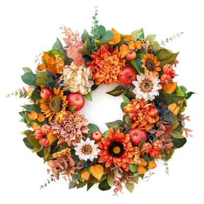 24 Inch Fall Wreaths for Front Door, Apple Wreath Artificial Autumn Wreath - color: Orange3