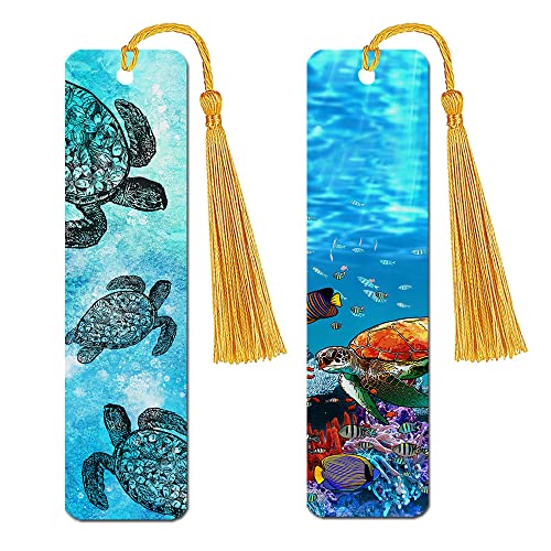 WIRESTER Set of 2 Metal Bookmarks with Light Gold Tassel for Students, Reader, Teachers, Book Lovers - Ocean Sea Turtle, Full Tropical Sea Coral - color: Ocean Sea Turtle, Full Tropical Sea Coral