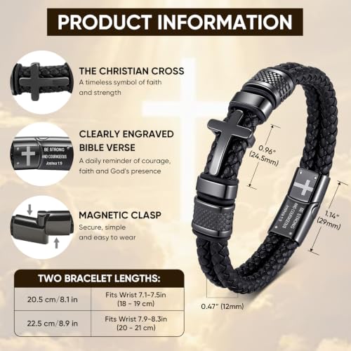 Christian Cross Bracelet Gift for Men, Double-Row Braided Leather Bracelet - color: Joshua 1:9, size: Fits Wrist 7.1-7.5 Inches