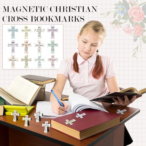 48 PCS Magnetic Cross Bookmarks Christian Cross Page Markers Flowers Bookmark with Religious Bible Verses Inspiration Sayings Gifts for Mother's Day Women Students Bible Study School Church
