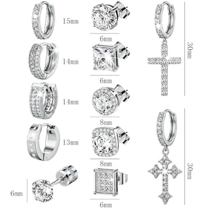 NEWITIN 12 Pairs Silver Earrings for Men Women Halo Stud Earring Set - color: Silver A