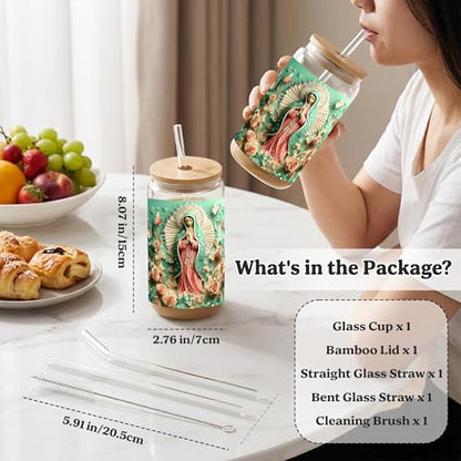 Virgin Mary Glass Cup with Lid and Straw, Religious Floral Illustration Clear Glass Tumbler, Bamboo Lid Iced Coffee Cup, Faith Inspired Art Glass Coffee Mug for Daily Use, 16oz