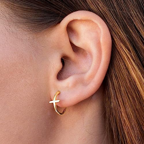 Me&Hz Gold Huggie Earrings Small Huggie Hoop Earrings for Women 14K Gold Plated Hypoallergenic Cubic Zirconia Huggies Mini Silver Hoop Earring for Women - color: Cross,Gold