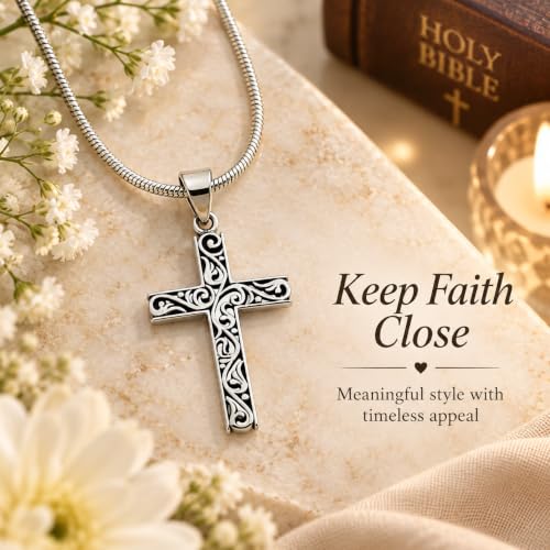 14K Gold Plated & Sterling Silver Filigree Celtic Cut Out Cross, Tree of Life Pendant For Womens, Chain Necklace 18 Inch - color: Silver Filigree Cross
