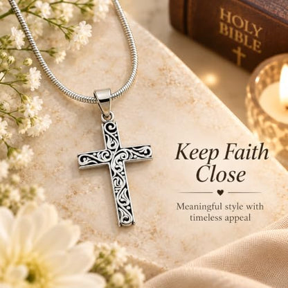 14K Gold Plated & Sterling Silver Filigree Celtic Cut Out Cross, Tree of Life Pendant For Womens, Chain Necklace 18 Inch - color: Silver Filigree Cross