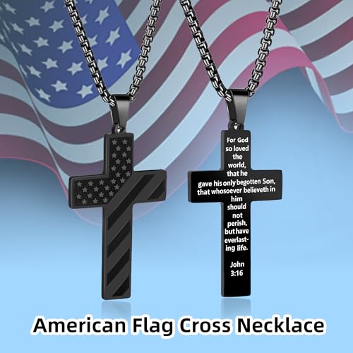 American Flag Cross Necklace for Men, Christian Confirmation Baptism Gifts - color: Black, style: John 3:16