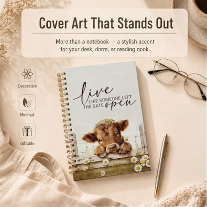 Farmhouse Highland Cow Spiral Notebook, Highland Cow Lover Gifts Journal, Live Like Someone Left the Gate Open Daisy Flower Heifer Hardcover Lined Notebook Journal, 5.5x8.3 Inch - color: pattern-22