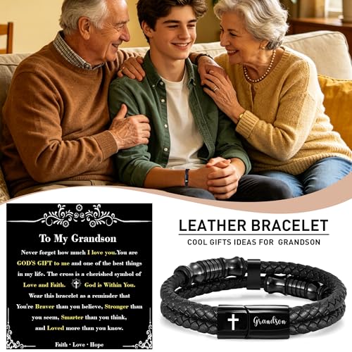 Christian Gifts for Mens Jewelry Black Double Layer Leather Cross Bible Verse Bracelets for Men, Teen Boys Religious Baptism Confirmation Gifts for Son Grandson Brother Teenages Gift Ideas - color: Grandson(8.27 Inch)