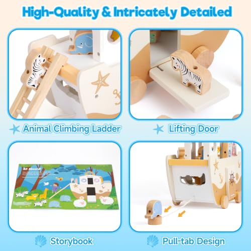 SIMPLIPLAY Wooden Noah's Ark Toy with Animal Shape Sorter & Story Book