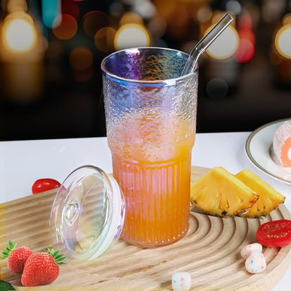 Joeyan 22oz Iridescent Glass Tumbler with Straw and Lid,Ribbed Glasses Cups - color: Iridescent glass tumbler