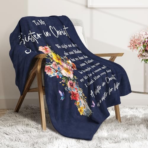 Christian Gifts for Women, Sister in Christ Floral Cross Blanket - color: Navy Blue