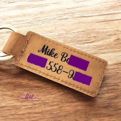 Custom Text Leather Keychain, Bronze Key Ring and Clip