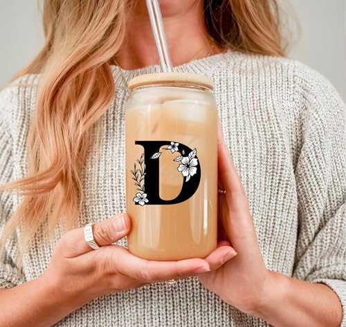 Monogrammed Initial Glass Cup Personalized Gifts for Women 16oz Initial Letter Glass Cups w/Lids Straws Birthday Valentine Mothers Day Gift for Her, D - color: Letter Cup-D