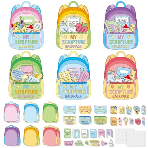 12 Sets Back to School Religious Craft Kits DIY Spiritual Backpack Bible Craft Make Your Own Backpack Cutouts with Pockets for First Day Sunday School Christian VBS Church Home Crafts Activity Supply