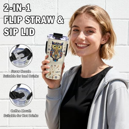 Owl Gifts for Women - Owl Tumbler with Top Handle and Flip Straw Lid 20oz Stainless Steel Insulated Travel Cups - Christmas Birthday Present for Owls Lovers Coffee Mugs - color: Owl01