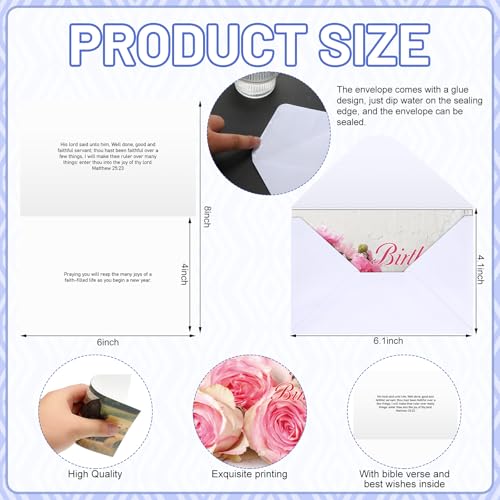 Feifeiya 48 Sets Religious Christian Birthday Card with Scripture Bible Verse Scripture with Envelope No Repeated Blessings Birthday Card Boxed Assortment Gift 4 x 6 Inch