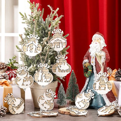 Shellwei 24 Pcs Christmas Wooden Nativity Ornaments Set Bulk Gift - style: Charming