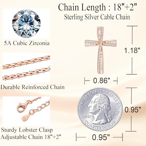 Cross Necklace for Women, 925 Sterling Silver 18K Gold Plated Cross Necklaces for Women, Cross Pendant with 5A Cubic Zirconia Diamond, Birthday Christmas Jewelry Gifts for Women Her Wife - color: Rose gold