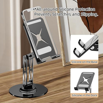 All-Metal Cell Phone Stand 360° Rotatable & Height Adjustable - 25KG Super Load-Bearing, Foldable Desk Stand for Phone, Compatible with iPhone 17/16/15/14 (Black) - color: A-Tri-Fold - Black