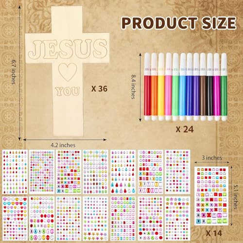 PLUVAVA 36 Sets Wood Cross Crafts DIY Wooden Cross for Christian Jesus Sunday School Vacation Bible School Crafts Supplies with 14 Pieces Stickers and 24 Pieces Watercolor Pens (Classic Style) - size: Classic Style
