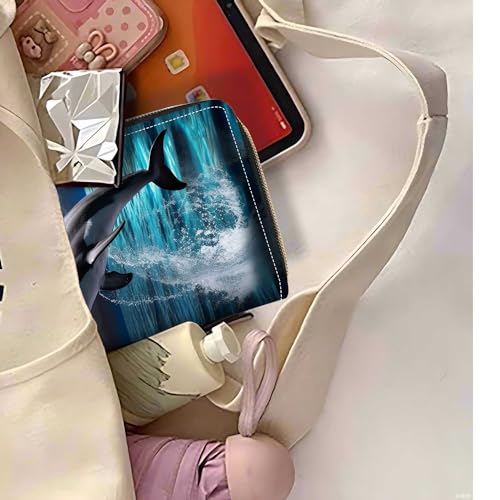 Dolphin Under The Moon Print Wallet for Women Large Capacity Wallet Credit Card Holder PU Leather Zipper Clutch Purse Phone Wallet - color: Dolphin Under The Moon