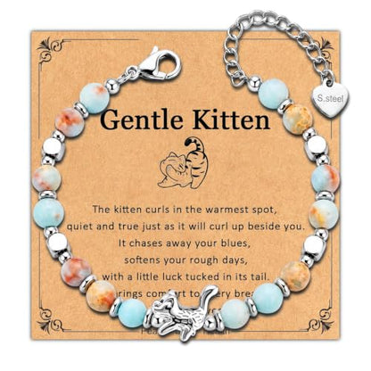 Bracelet for Women Natural Stone Beaded, Stainless Steel Charms, Adjustable - color: 15-Cat