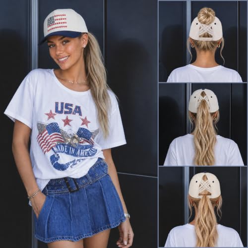 C.C Women's Criss-Cross Ponytail Trucker Hat - Snapback, One Size - color: Floral Flag-navy