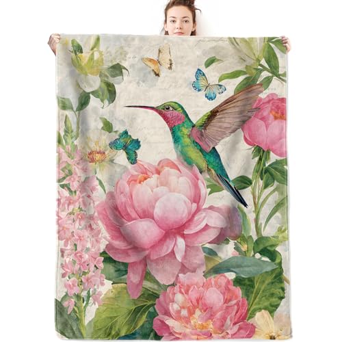 Colorful Hummingbird Flannel Blanket Gifts for Nature Lover,50x40inch,Pink Floral Butterfly Garden Throw Blankets with Vintage Script,for Bedroom,Sofa,Living Room,Camping Home Decor Throws - color: Hummingbird, size: 50x40 Inch