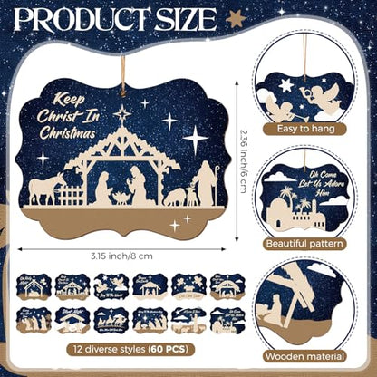 Soaoo 60 Pcs Christmas Nativity Scene Ornaments Bulk Wooden Decor, Square - style: Square