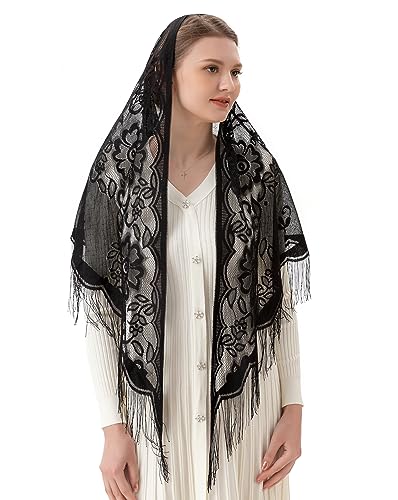 PAMOR Triangle Catholic Church Veil Chapel Veil Scarf Mantilla Veils Wrap Shawl Mass Head Covering with Fringe Trim - color: Black