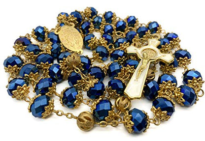 Nazareth Store St. Benedict Deep Blue Crystal Beads Rosary Prayer Necklace Golden Miraculous Medal & Gold Enamel Cross - color: Deep Blue