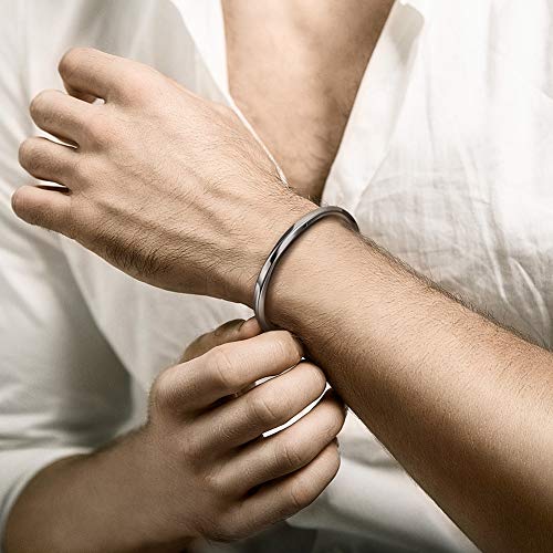 CIUNOFOR Stainless Steel Cuff Bracelets for Men, Men’ Silver Metal Simple Bangle Bracelet, 8.5 inches Inner Circ., Twisted Bracelet for Adult, Viking Jewelry Gift - color: White gold plated