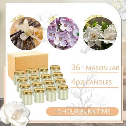 ACITHGL 36 Pcs 4oz Mini Mason Jar Candles Small Scented Candles Bulk Aromatherapy Ideal Souvenir Favors for Wedding Birthday Party (Vanilla, Lilac, Gardenia, Gold) - color: Gold, style: Vanilla, Lilac, Gardenia