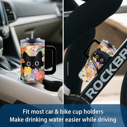 Black Cat & Floral Tumbler 40oz with Handle and Straws, Gifts for Women - color: Cat1