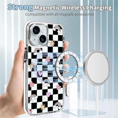 for iPhone 15 Case [Compatible with Magsafe],Girls Women Clear Magnetic Case Silicone Shockproof Protective Cover with Pattern Checkerboard Flowers - color: Checkerboard Flowers, size: iPhone 15