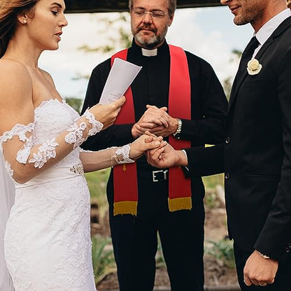 Panitay Embroidered Wedding Reversible Stole with Tassels Clergy Mass Stole with Cross Wedding Pastor Shawl - color: Red and White, style: Classic